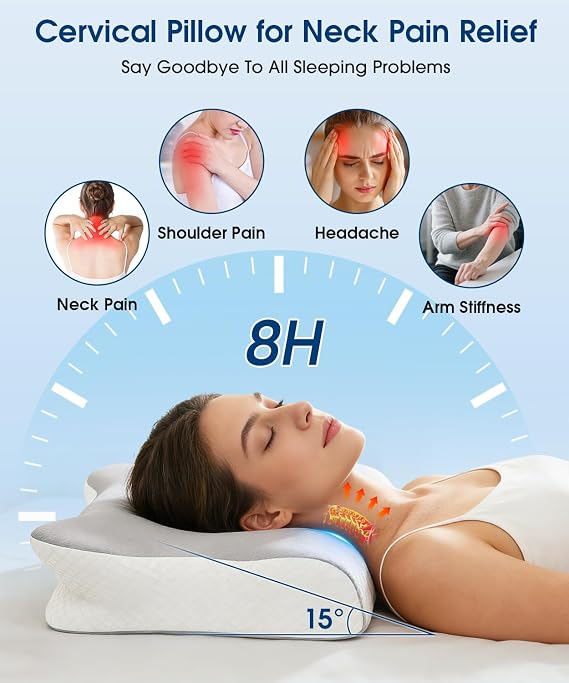 Memory Foam Pillow, Ergonomic Orthopedic Pillow for Neck and Shoulder, Neck Support Pillow for Back, Side, Stomach Sleepers ,Cooling Cervical Pillow with 2 Removable Cover, Two Adjustable Height
