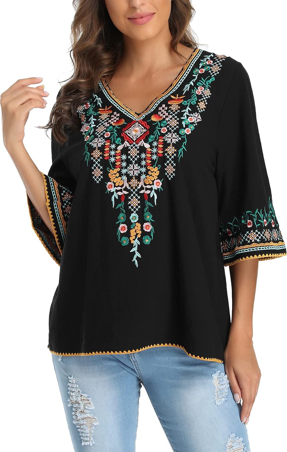 YZXDORWJ Women's V Neck Embroidered Mexican Peasant Blouse - Image 4