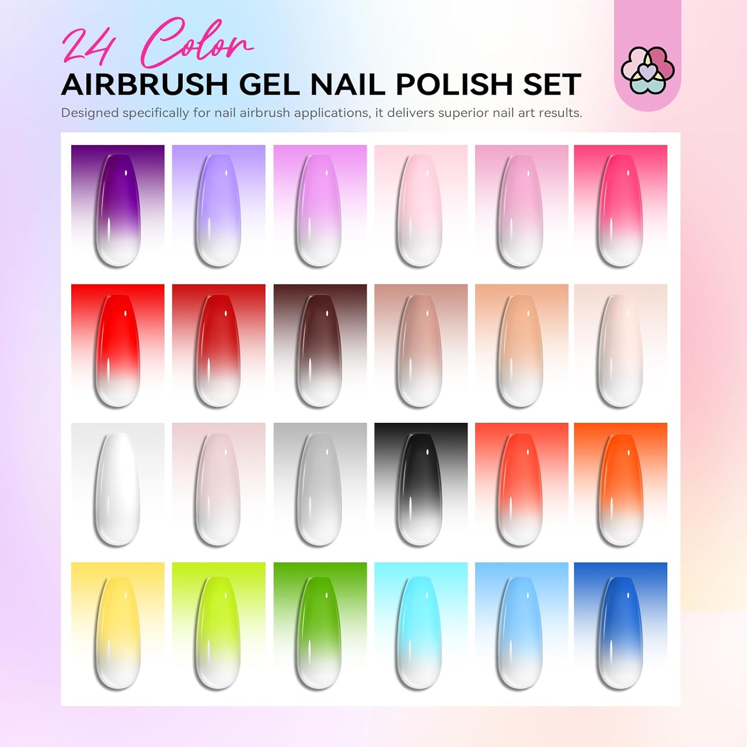 SAVILAND Airbrush Gel Nail Polish Hema-Free: Dilution-Free 24 Colors Airbrush for Nails Non-Acetone for Gradients Nails Blush Layered Nail Art Various Pattern High Color Saturation for Home Salon Kit