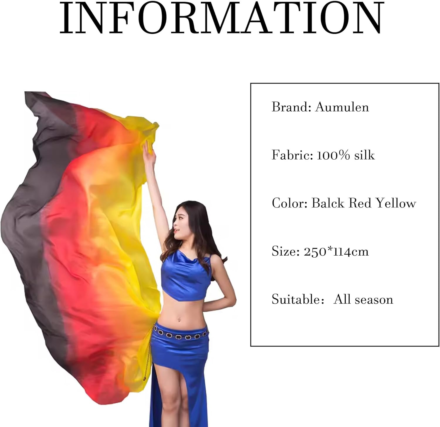 Aumulen 8mm Hand-Made Belly Dance Silk Scarf Veils for Women Gradual Colors 98"x45" - Image 2