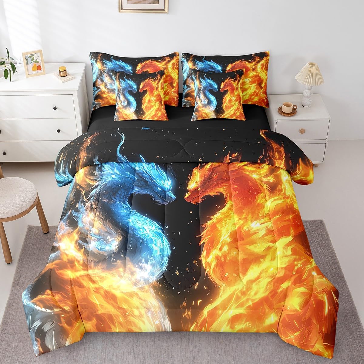 Erosebridal Mysterious Dragon 7 Piece Comforter Queen Size for Kids Boys Girls Black Starry Sky Outer Space Sheet Set Bed in A Bag Goth Skull Bed Set Blue Romantic Floral Wildlife Animals