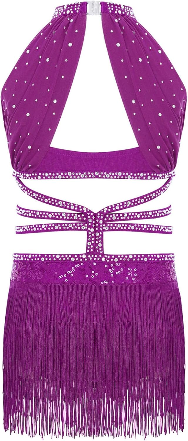 JEYPINMI Girls Rumba Samba Ballet Skirted Leotard Cutout Waist Ballroom Dancewear Tassel Sequin Latin Dance Dress