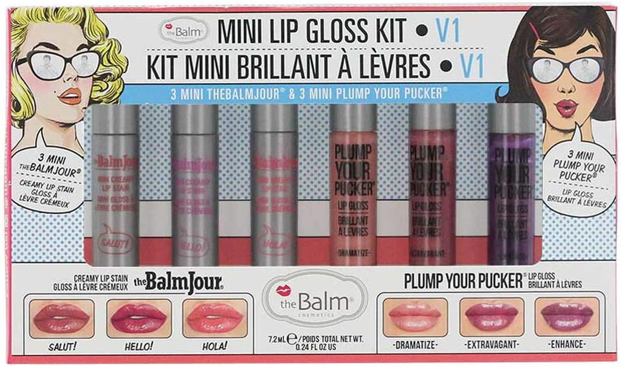 theBalm Mini Lip Glosses Kit Vol 1, Mixing Colorful Flavors, Ultra-Moisturizing, Lightweight, Hydrating, Durable Cosmetics Multi-Color Set of 6