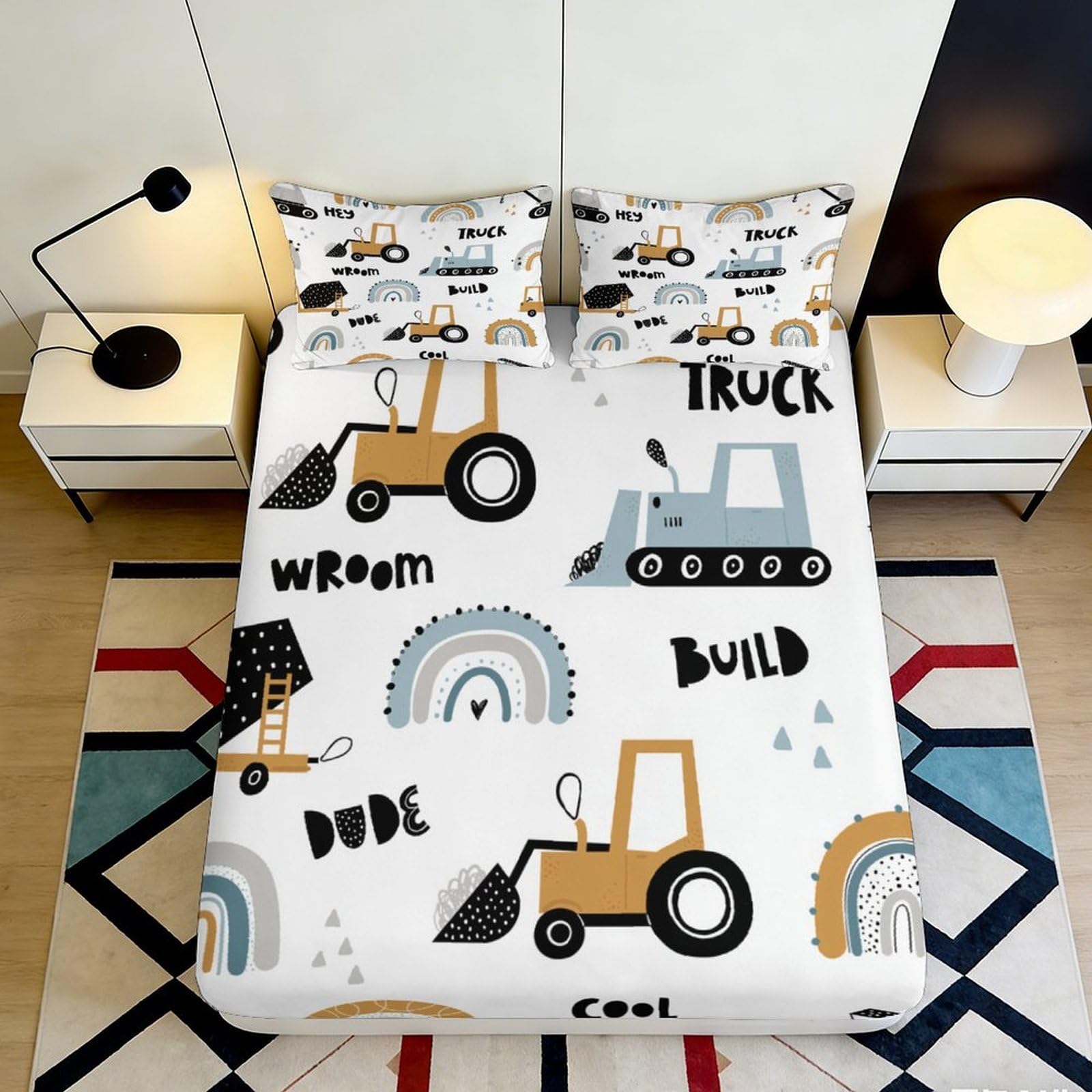 Pnayamiorkfel Style-5 3D Printed Construction Truck Fitted Sheet Microfiber Anti-Slip Cartoon Digger Bed Cover For Bedroom Dorm Mattress Decor 90X200x25cm