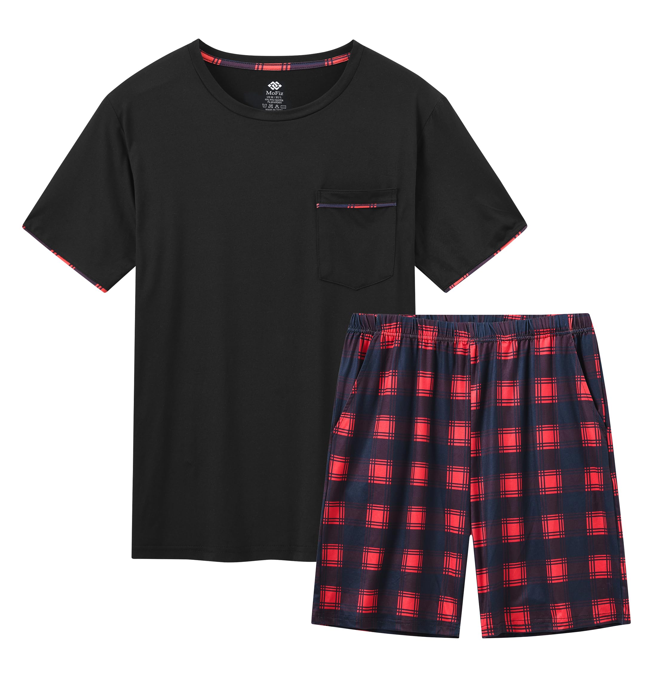 MoFiz Mens Pajamas Set Summer Pjs Sleepwear Short Sleeve Shirt and Shorts Lightweight Soft Loungewear with Pockets S-3XL