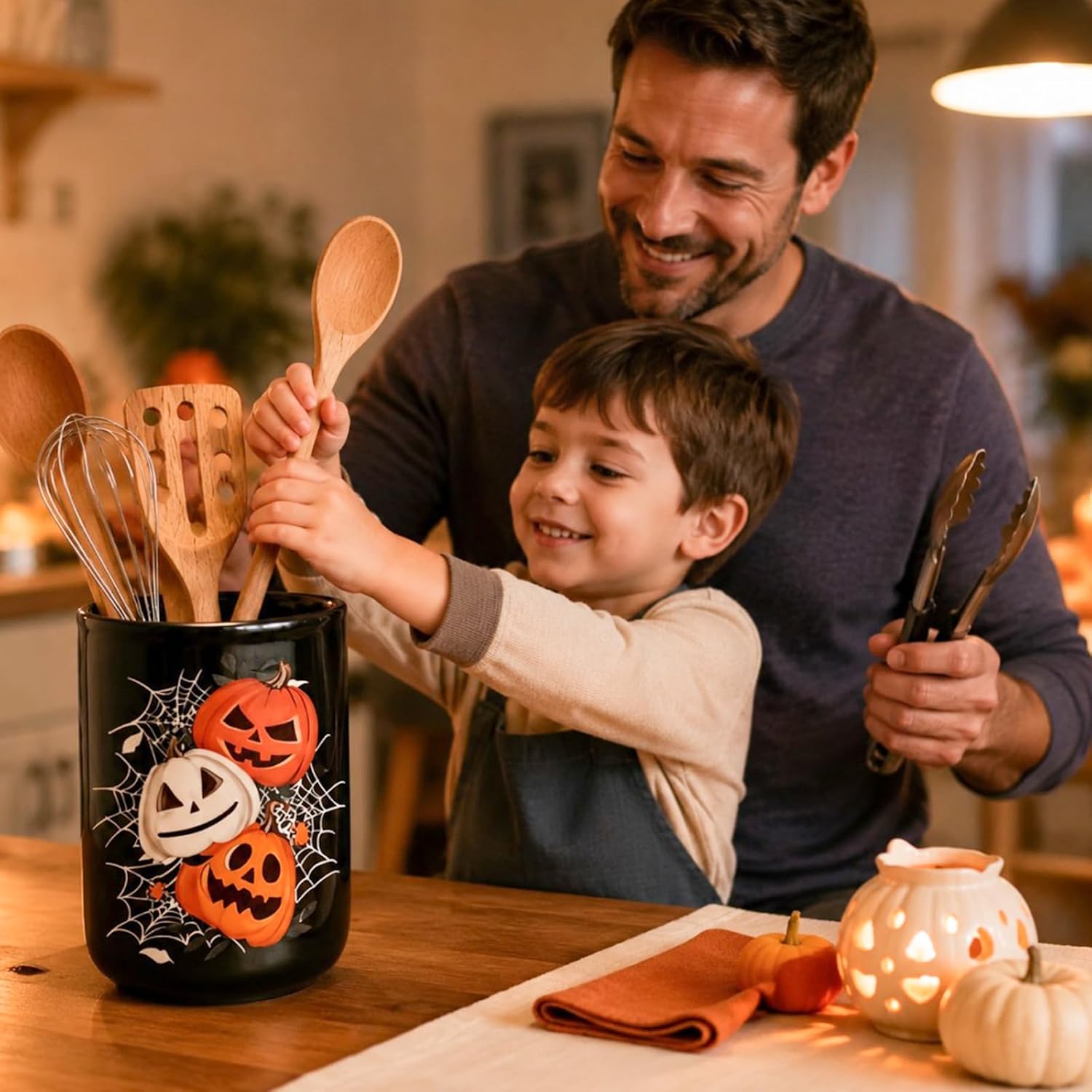 AnyDesign Halloween Ceramic Utensil Holder Kitchen Decor Spooky Black Orange Pumpkin Spiderweb Utensil Crock Cooking Tool Storage Organizer Container for Countertop Decoration, 6.3 Inch