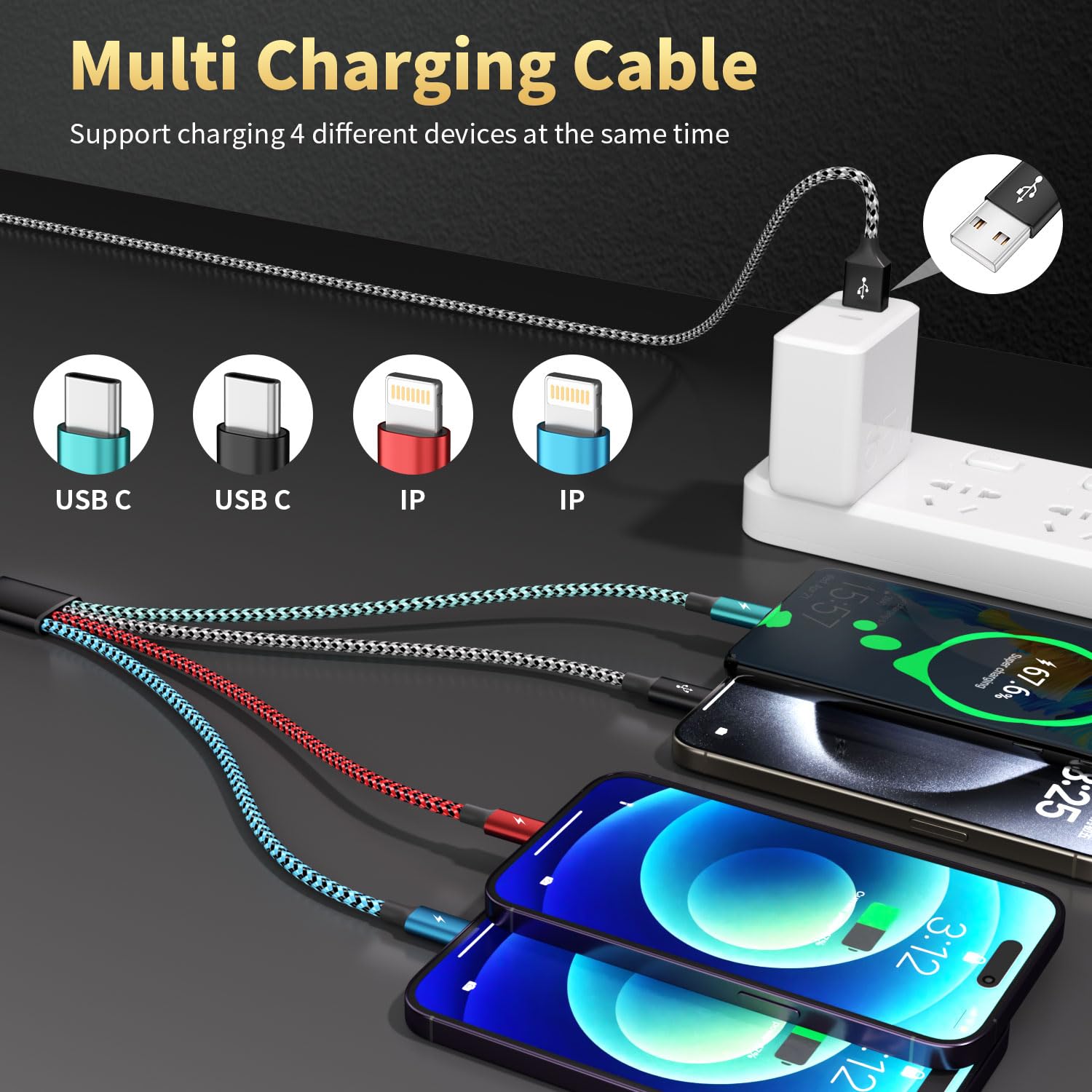 Cavo di ricarica multiplo 4 in 1 da viaggio, USB A, con doppio tipo C e Dual Lightning, cavo di ricarica universale per iPhone serie/Android/tablet, cavo di ricarica multi (2 pezzi, 1,8 m)