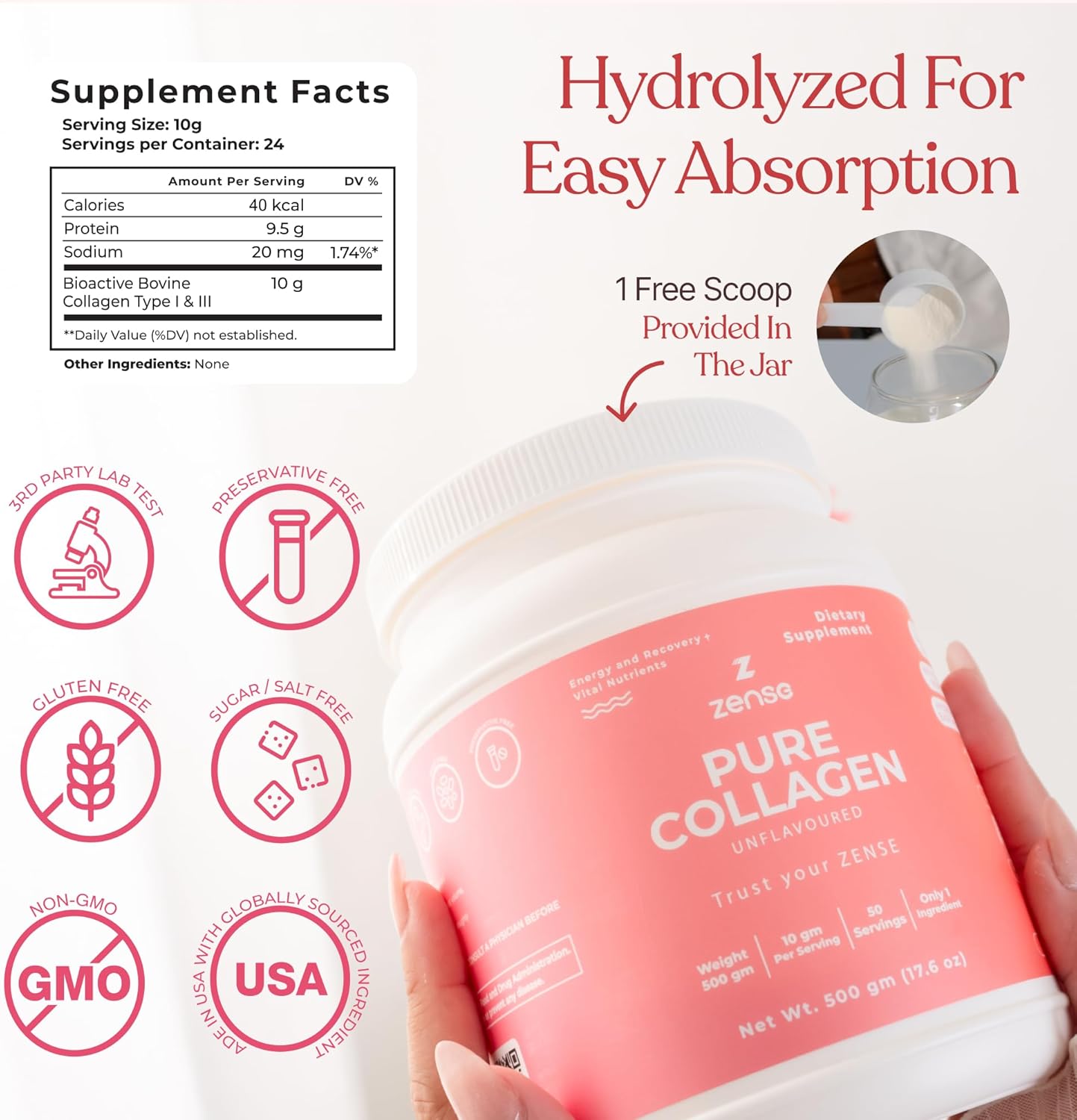 Hydrolyzed Collagen Powder for Women & Men – Organic Type I & III Bovine Collagen Peptides, High Protein – For Bone Strength, Joint Support, Healthy Hair & Glowing Skin - Colágeno Hidrolizado (500 g)
