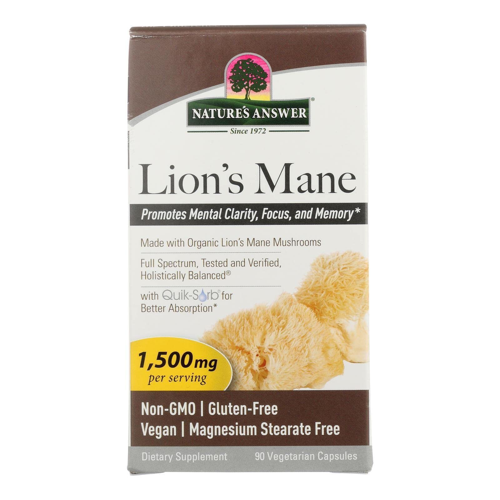 Nature's Answer Lions Mane Mushroom Powder 1500 mg 90-Capsules | Brain Mushroom Supplement | Promotes Focus, Memory, Mental Clarity | Vegan, Non-GMO | Single Count