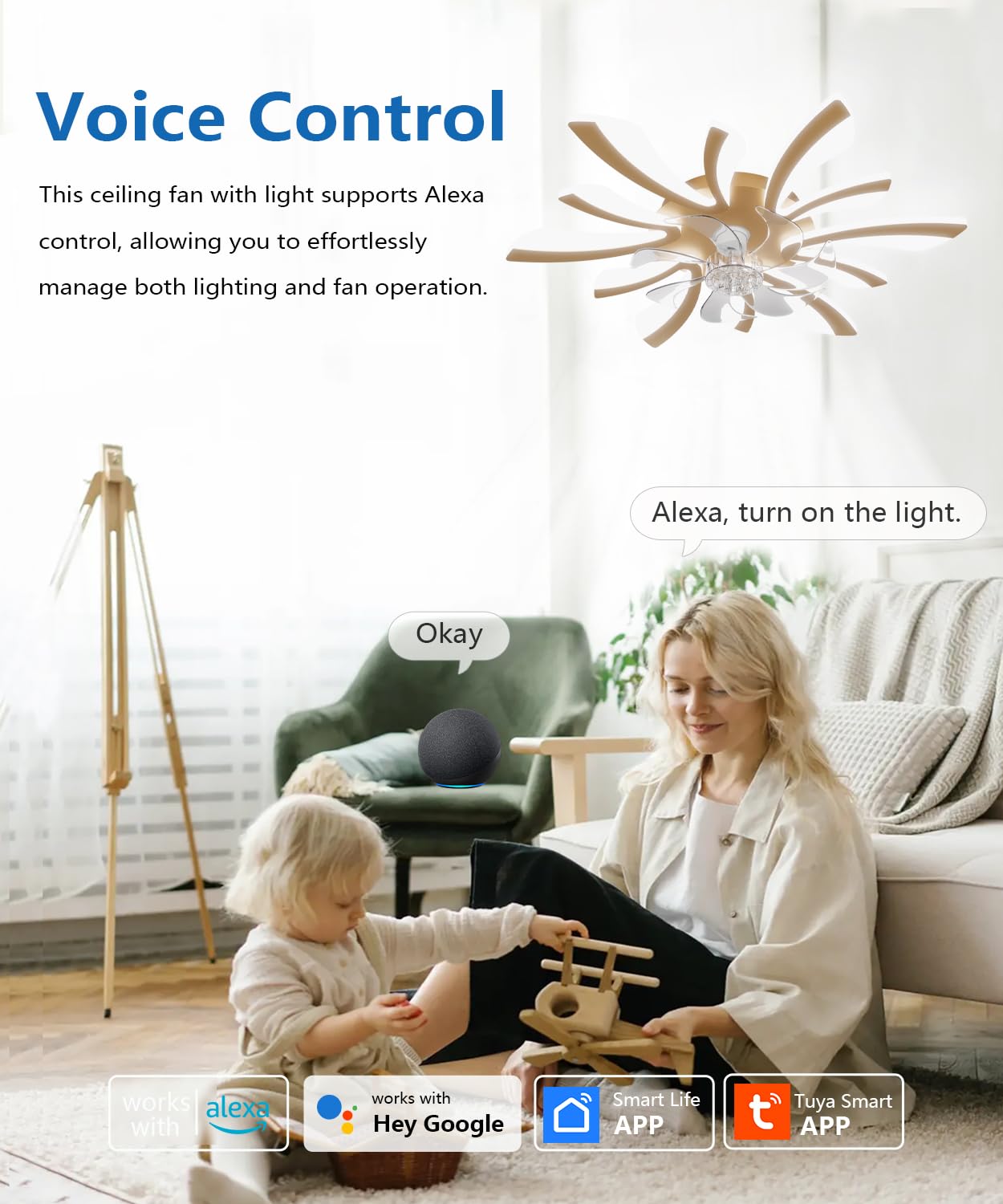 LJX Lampa sufitowa z wentylatorem, kompatybilna z Alexa i Google Assistant Dc, 78 cm, lampa sufitowa z wentylatorem, cicha praca zimowa/letnia, ściemniana, do sypialni, kuchni, złota