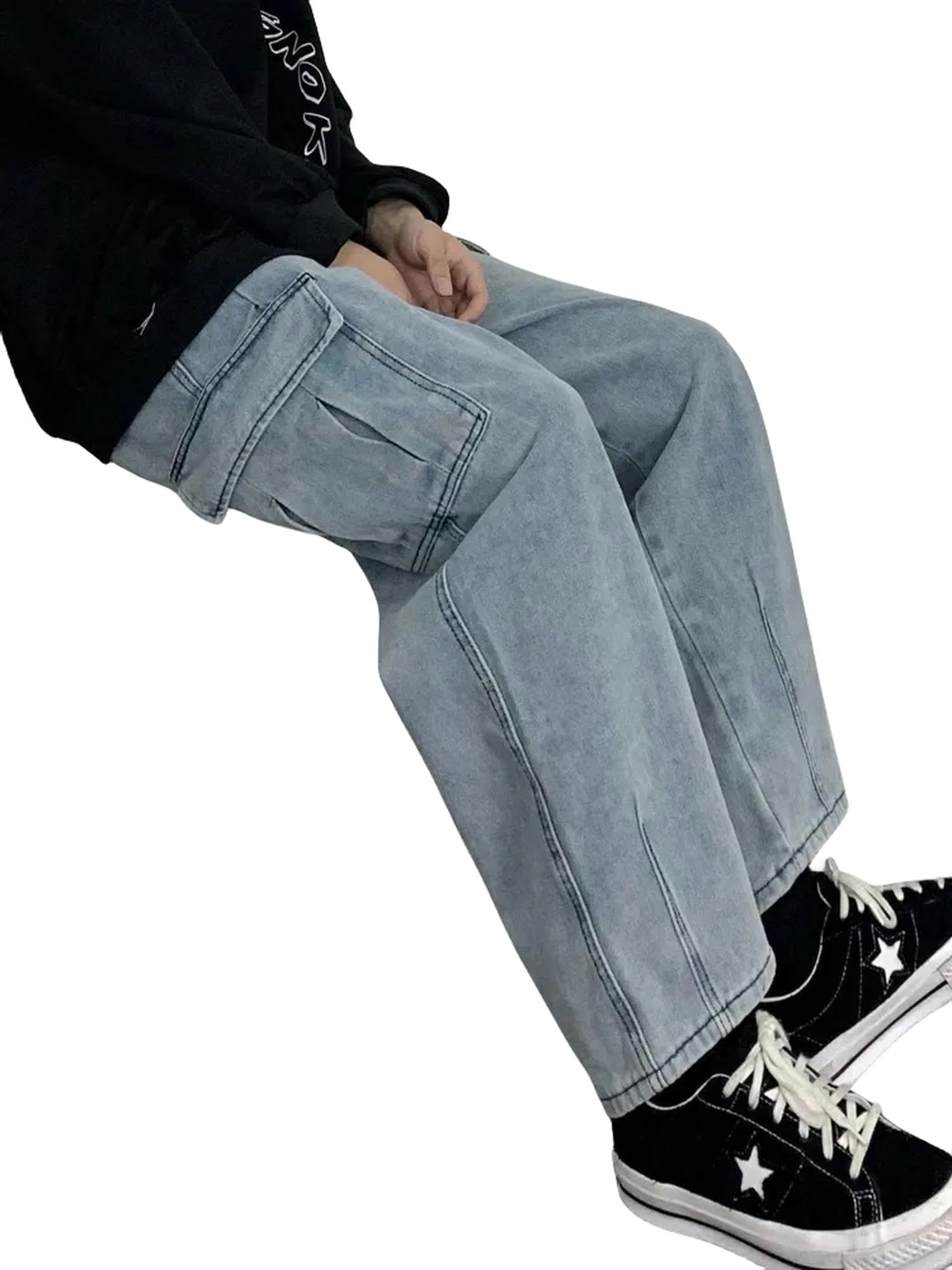 Jeans Uomo Larghi Pantaloni di Jeans Neri Vintage degli Uomini Autunno Inverno