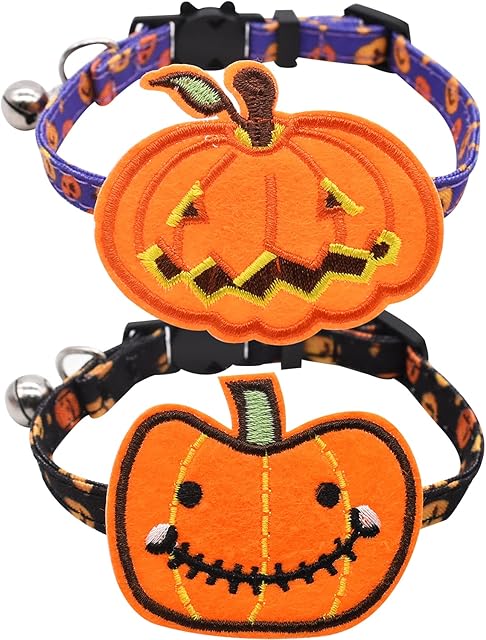 Halloween Cat Collar with Pumpkin-2 Pack Adjustable Breakaway Cat Halloween Collars with Bell, Holiday Cute Pumpkin Collars for Kitten, Cats and Puppies