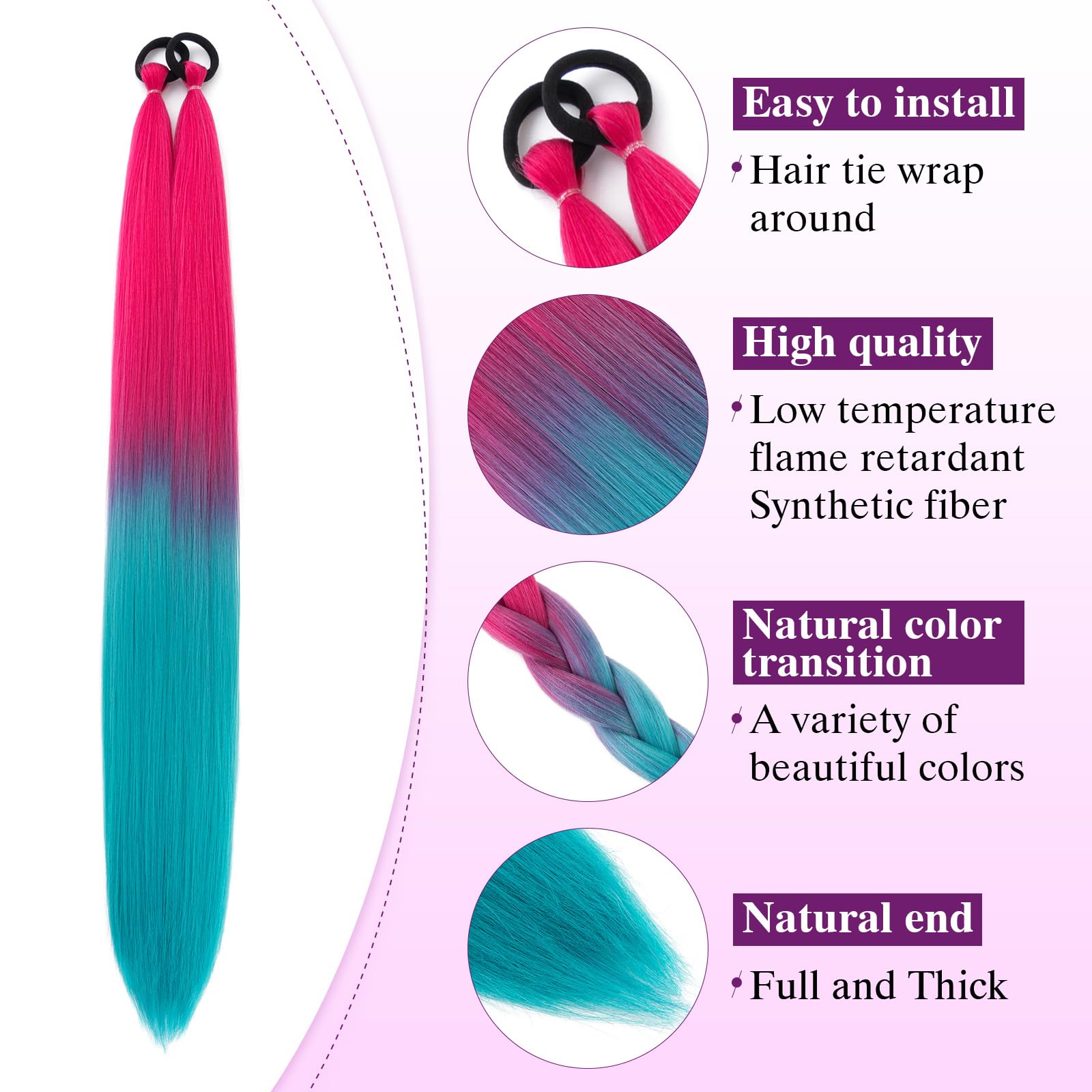 S-noilite Ombre Ponytail Hair Extensions with Hair Tie for Women Girls,Colored Synthetic Hairpiece Daily Party Costume DIY Braiding,26inch 2pcs,Peach Red to Lake Green - Image 3