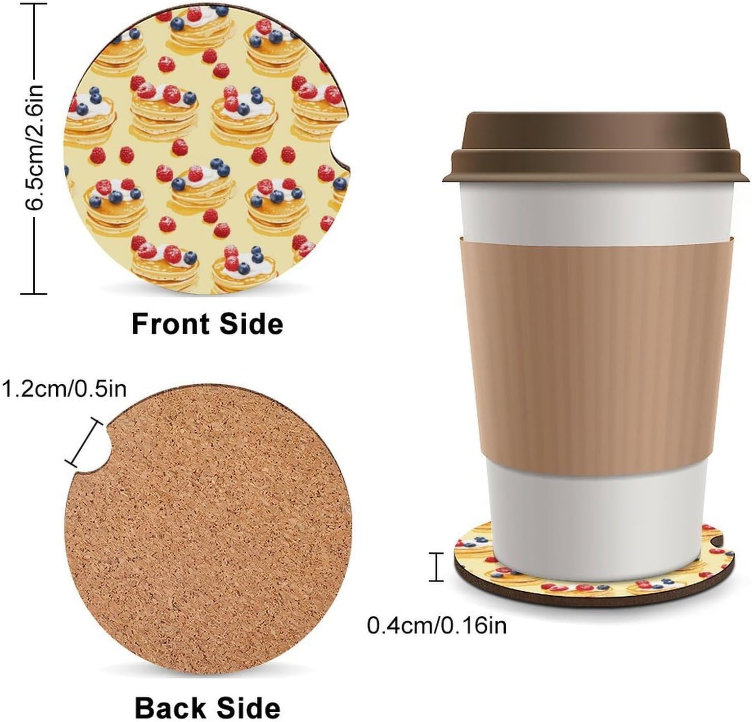 Pancake with Berries Cute Car Coasters 2.56 Inch Absorbent Cup Holder for Drinks Auto Interior Accessories