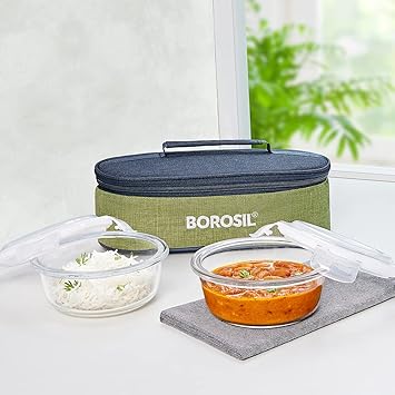 Ace Borosilicate Glass Lunch Boxes Set of 2 (400 ml Each) with Lunch Bag, Round, Horizontal, Lunchboxes for Office & College, Microwave Safe, Leak Proof (Green)
