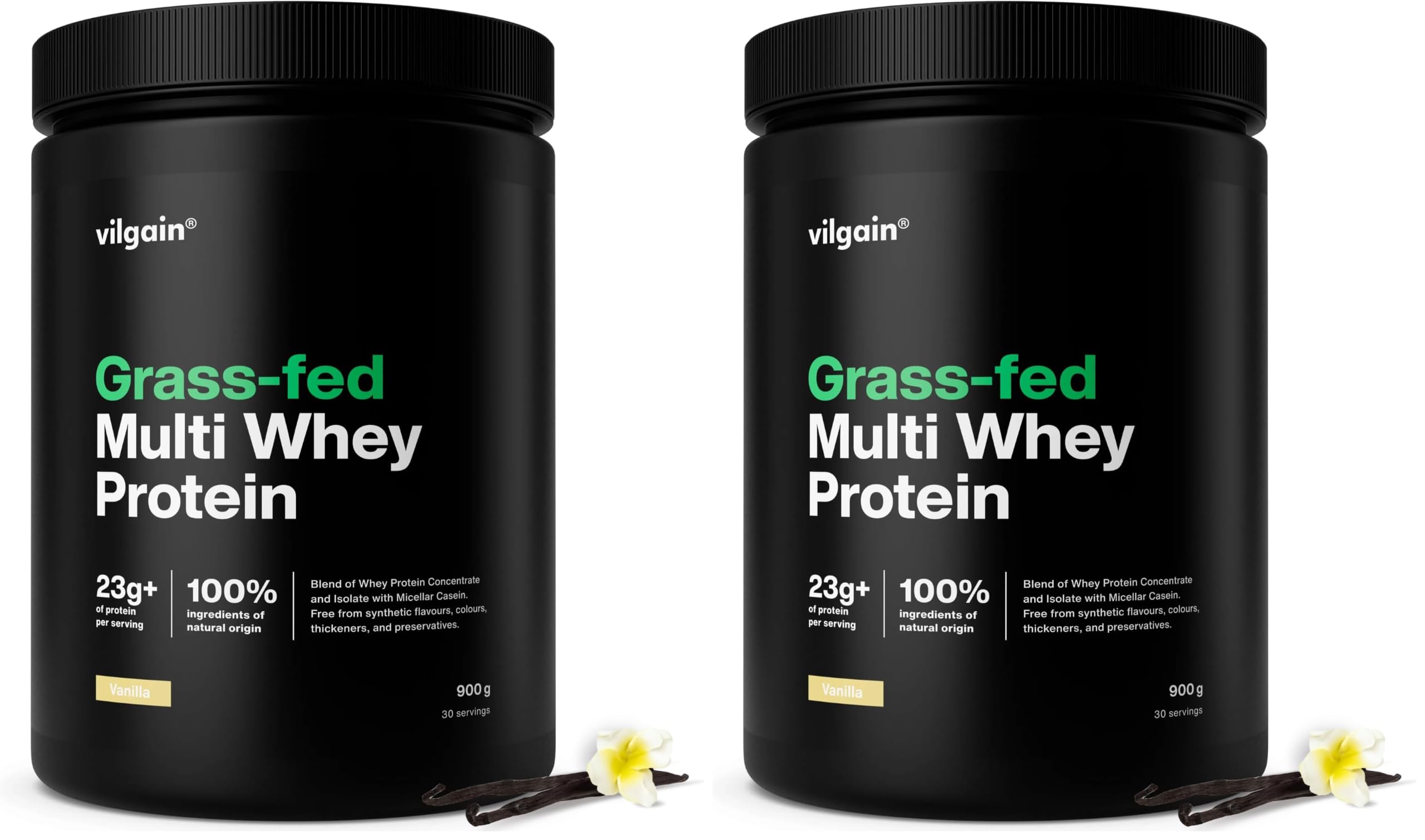 Vilgain Grass-Fed Multi Whey Protein ⁠–⁠ 77% Molkenkonzentrat, Isolat und Casein, wirkt sofort nach dem Training und bei längerem Eiweißmangel, rein natürliche Formel (900g, Vanille) (Packung mit 2)
