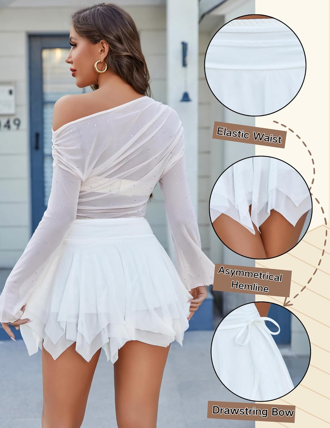 Avidlove Mini Skirts for Women Mesh Flowy Y2k Skirt Drawstring Ruched Bow Layer Asymmetrical Short Skort - Image 3