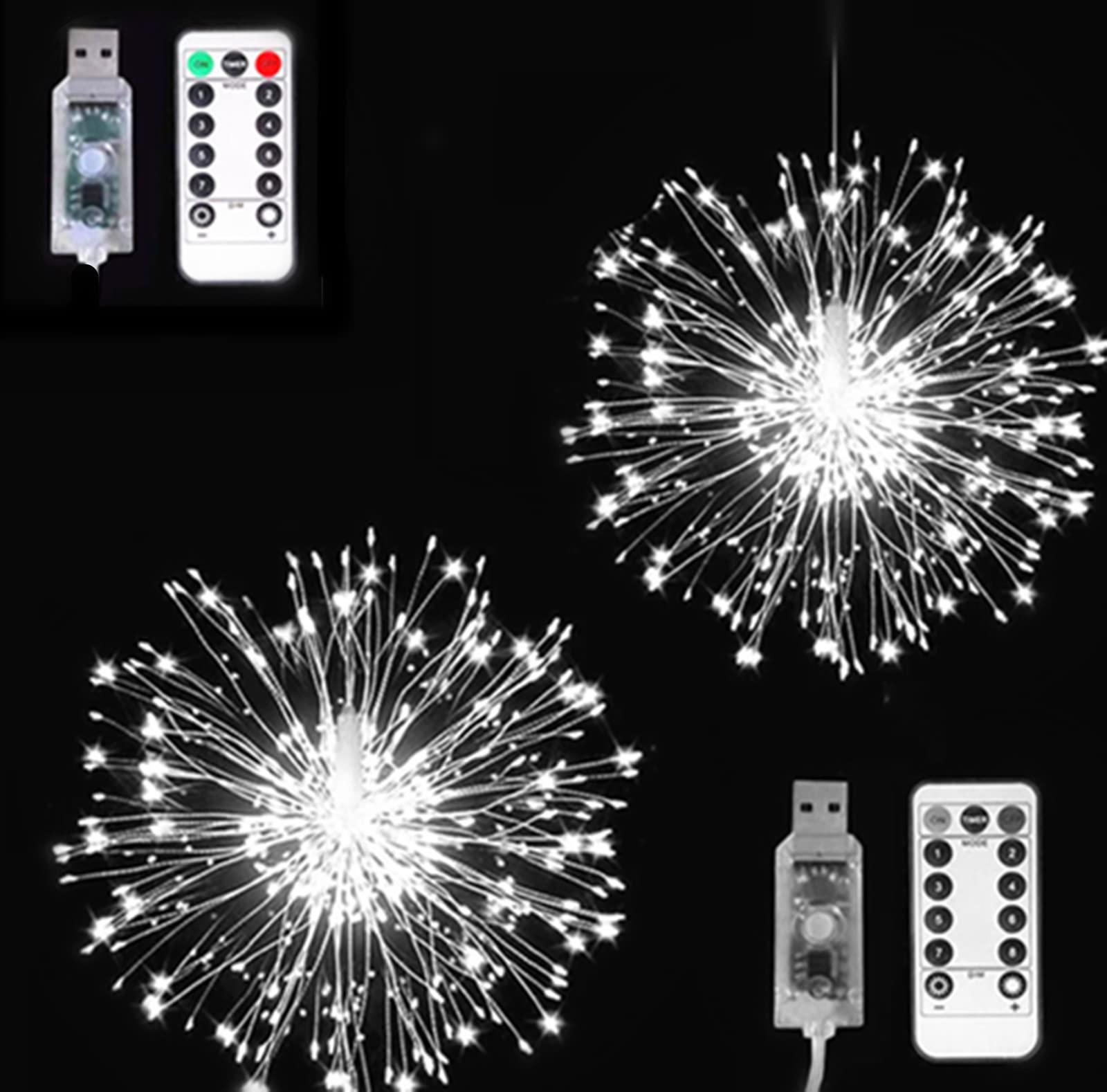 Aalin White Firework Light, 2 Pack Copper Wire Starburst Lights Usb Operated With 8 Modes Dimmable Decorative Fairy Lights For Indoor And Outdoor Decoration (150 Led, )