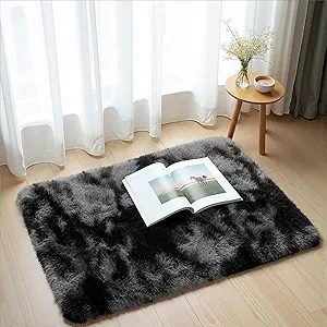 Zentavio Bedside Rugs Small 2x3 Shag Entry Entrance Rugs Soft Bedroom Carpet Area Rugs for Dorm College Essentials Non-Slip Living Room Throw Rug Home Decor Aesthetic Nursery Tie-Dyed Black Grey
