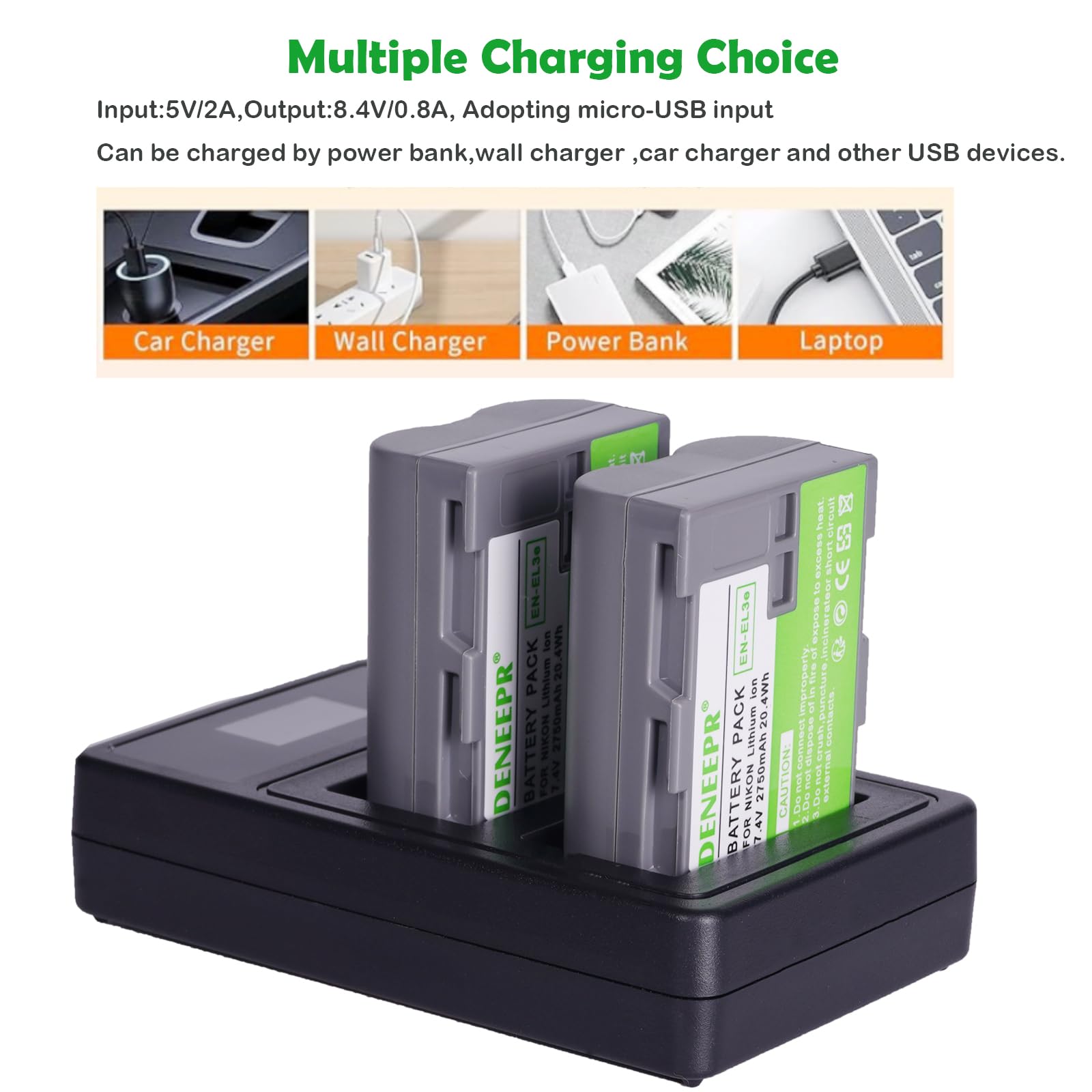 2 Batterie 7.4V 2750mAh Per Nikon EN-EL3e - Caricatore Doppio LED Per D700, D90, D300 E Altri - Foto 11