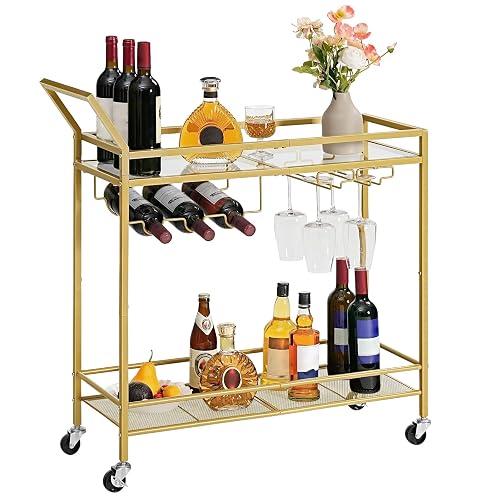 HOOBRO Bar Cart for The Home, 2-Tier Kitchen Cart with Wine Rack and Glass Holder, Serving Cart with Wheels and Guard Rails for Dining Room, Living Room, Party, Bar, Gold GD11TC01 - Gold - Glass