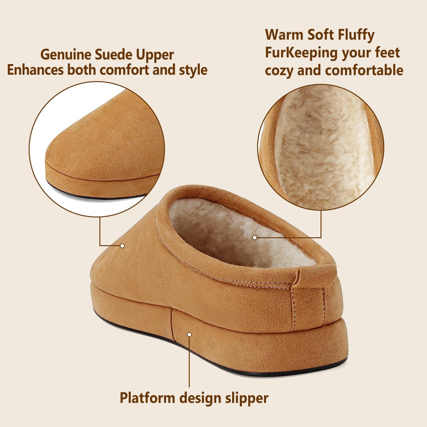 Dsevht Genuine Suede Fuzzy Slippers for Women Winter Cork Footbed Clogs Warm House Shoes Cozy Mini Boots Comfort Casual Slip-on Fall Winter Shoes for Indoor Outdoor