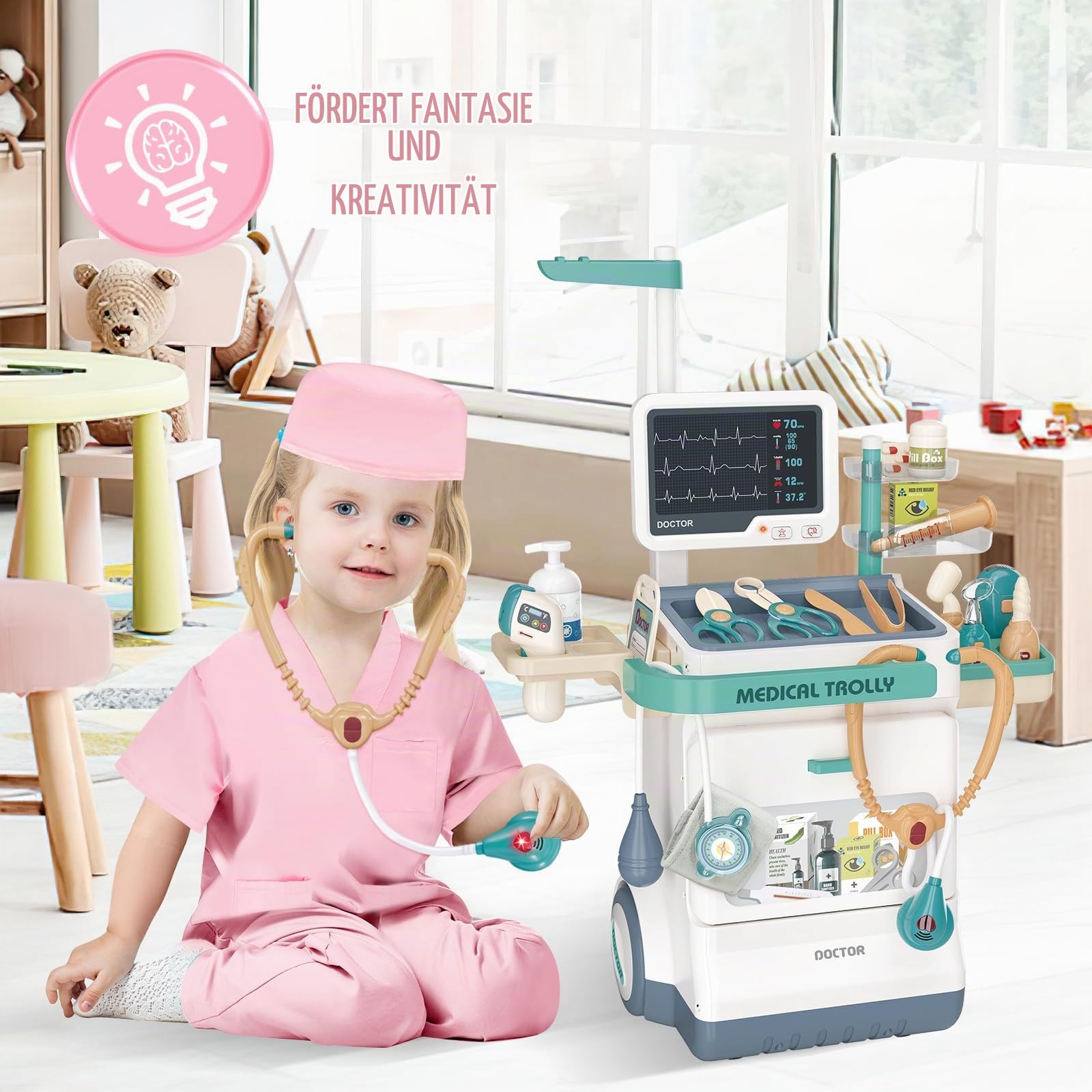 deAO Artztkoffer Dokotorset Rollenspiel Kinder, Doktorkoffer Arztwagen Set