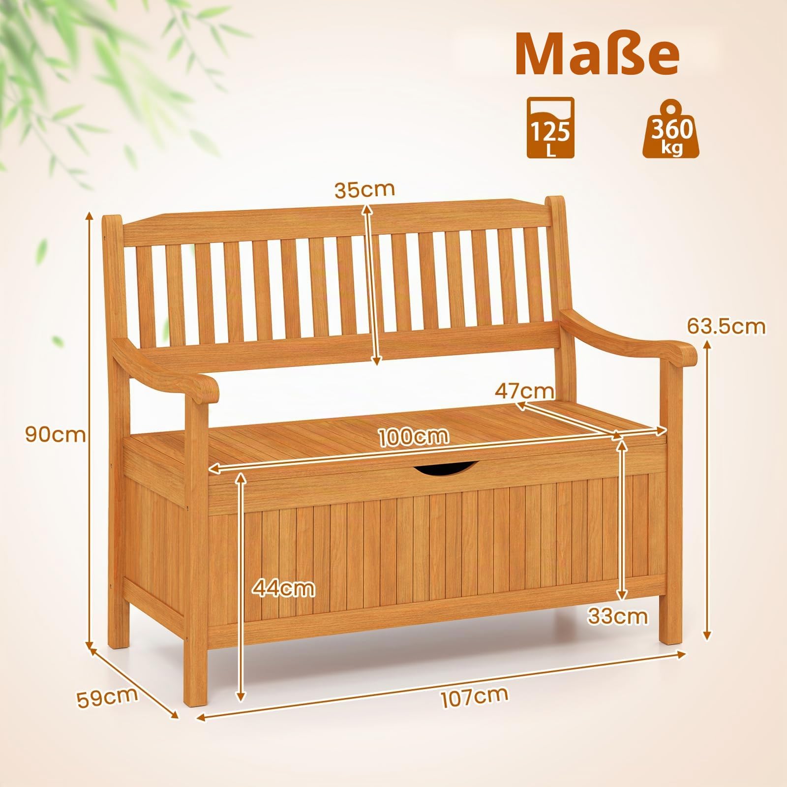 FANTASK Gartenbank Holz mit Stauraum, Aufbewahrungsbank für 2-Sitzer, Outdoor Balkonbank mit abnehmbarem Innensack bis 360kg belastbar, Natur