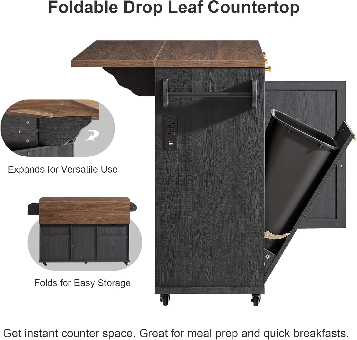 57" Kitchen Island with Storage — Kitchen Rolling Island with Trash Can Storage Cabinet, Power Outlet & Drop Leaf, Large Mobile Island Cart on Wheels with Spice & Towel Rack, Knife Holder (Black)