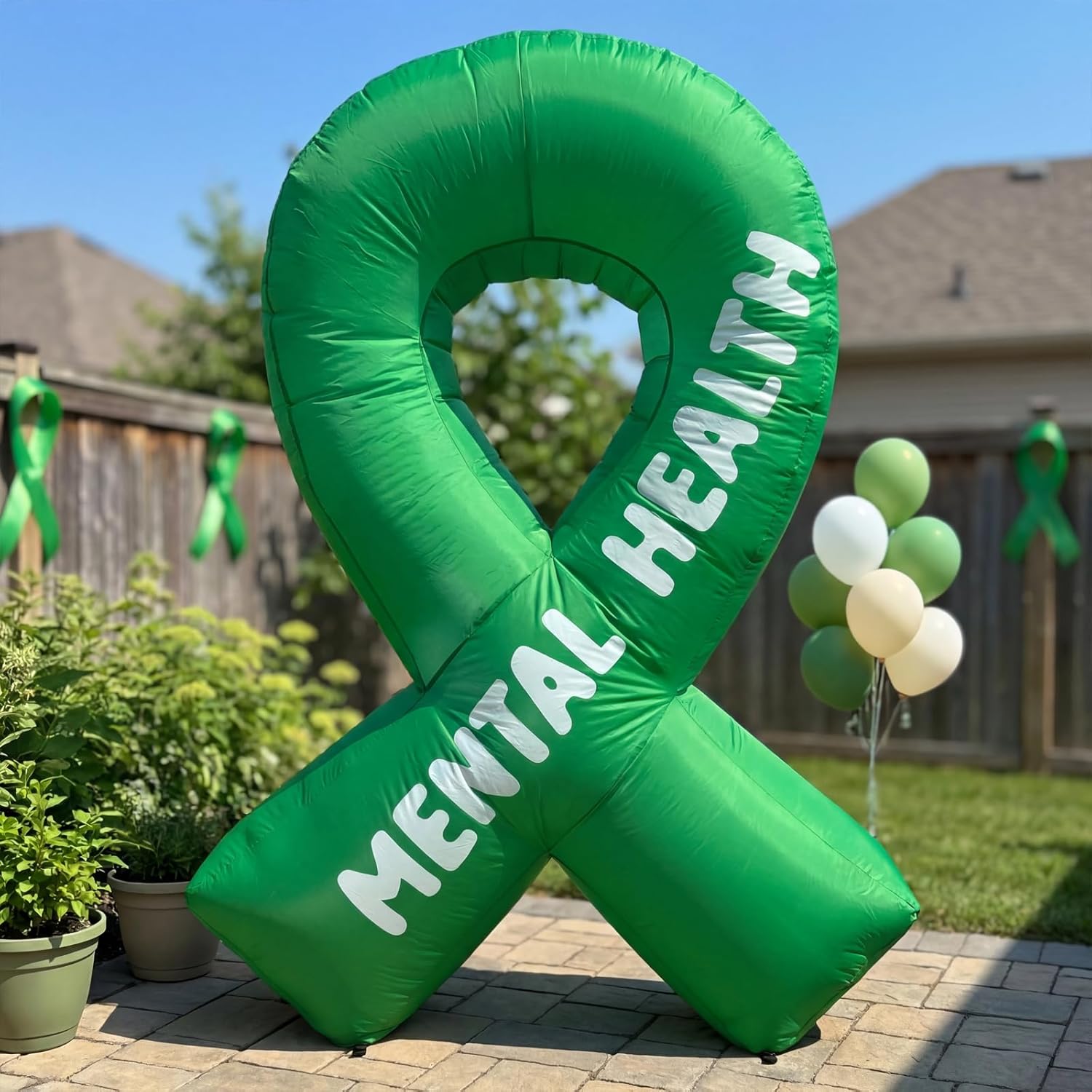 6FT Mental Health Awareness Ribbon Inflatables Outdoor Decorations Blow Up Motivational Green Ribbon with Built-in LEDs for Mental Health Activities Yard Party Lawn Decor