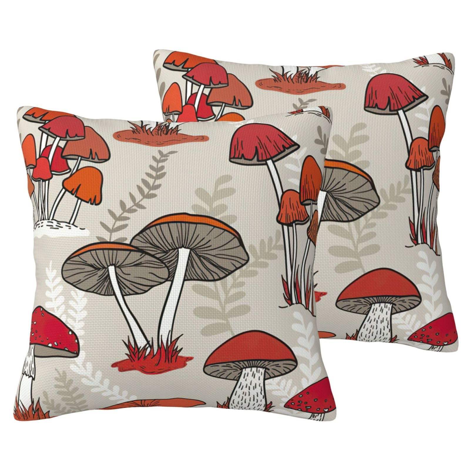 Housse de coussin aspect lin au tissage premium avec élégant motif champignon