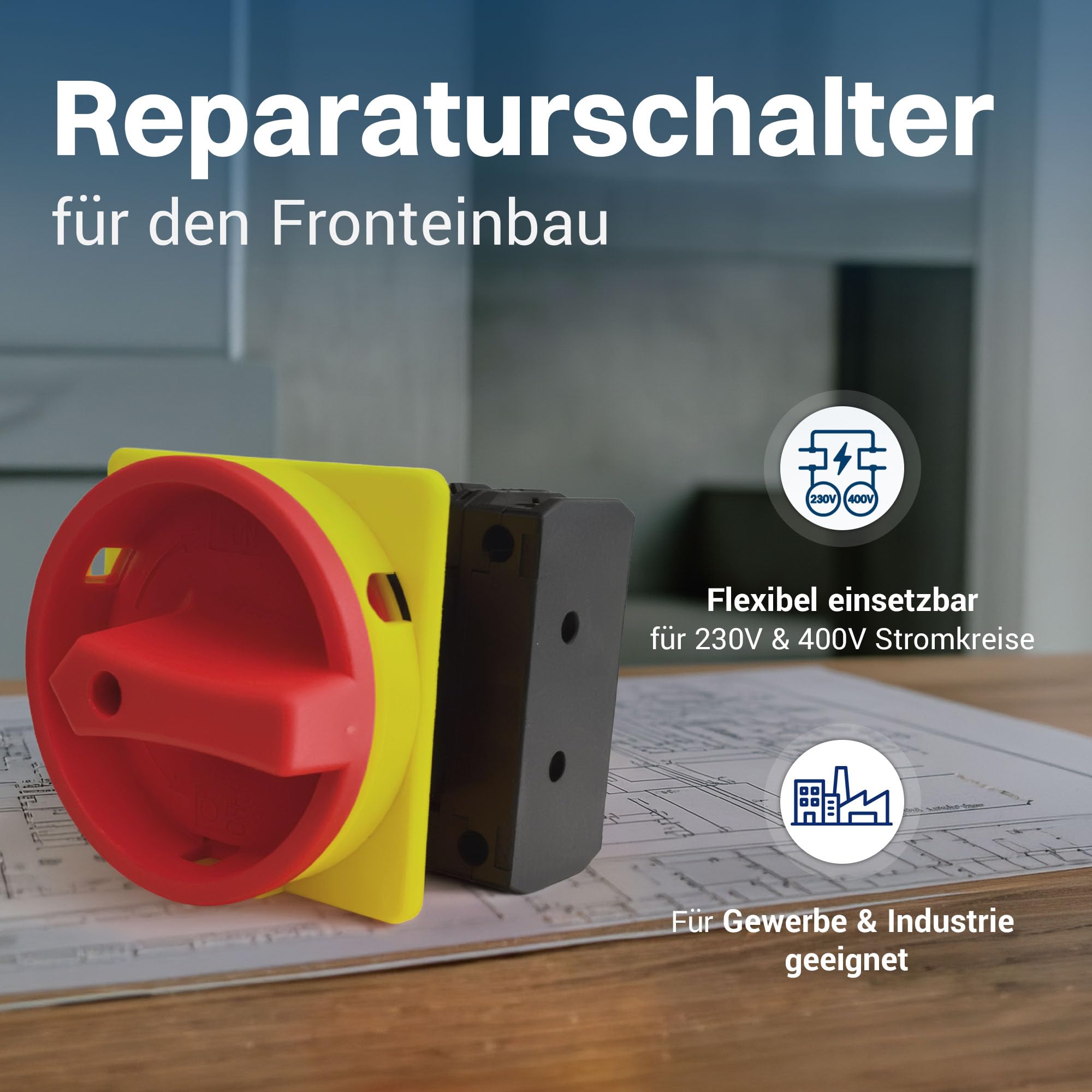 Intratec Hauptschalter Einbau, 80 A, 4-polig, Schwarz – Drehschalter zum Fronteinbau in Verteiler- und Schaltschränken 88 x 88 x 135 mm