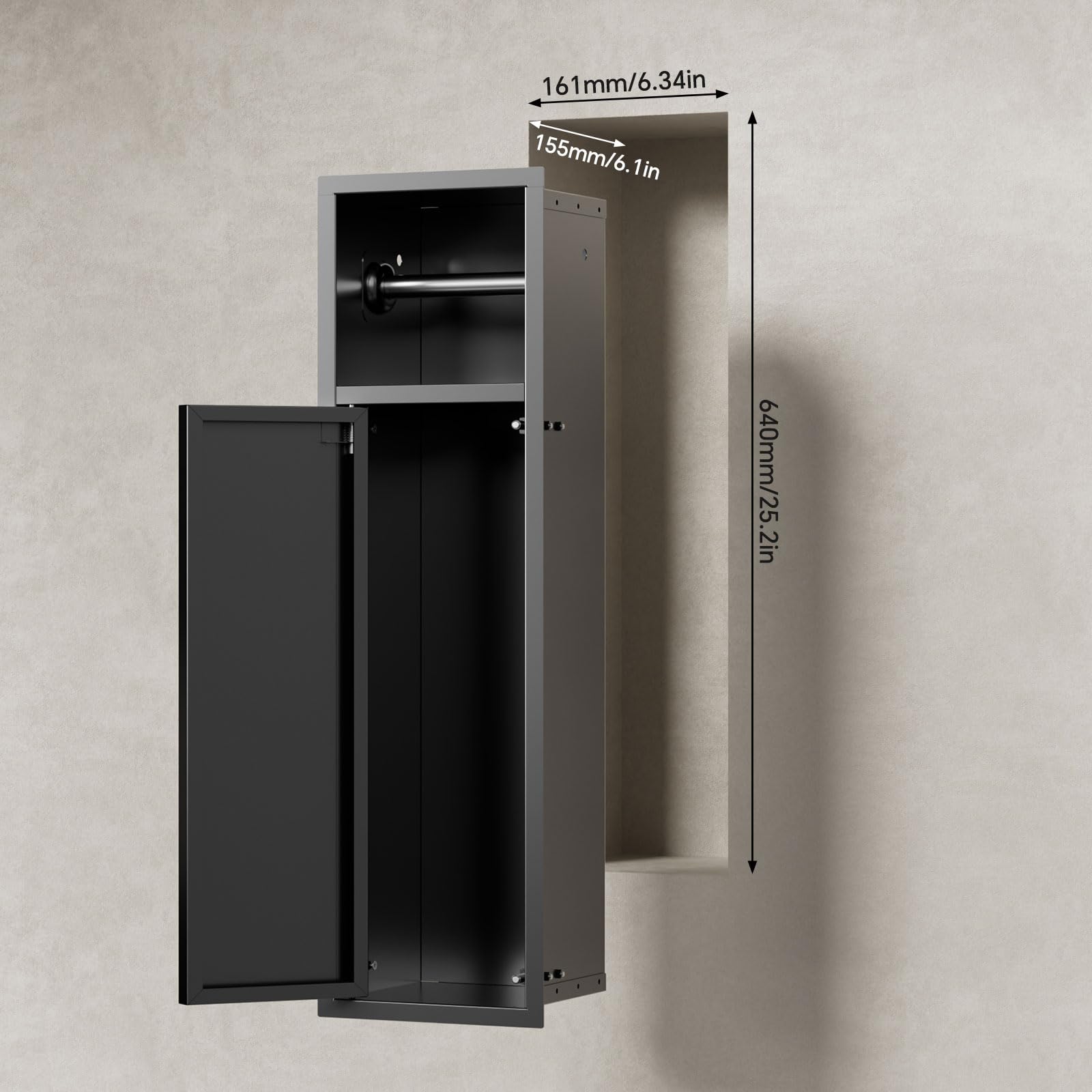 MSFE Portarrollos de Papel Higiénico Empotrado,Módulo de Armario Empotrado para Baño de Acero Inoxidable para Guardar Papel Higiénico y Escobilla de Baño en el Baño,Apertura a Presión,63x17.8x15CM