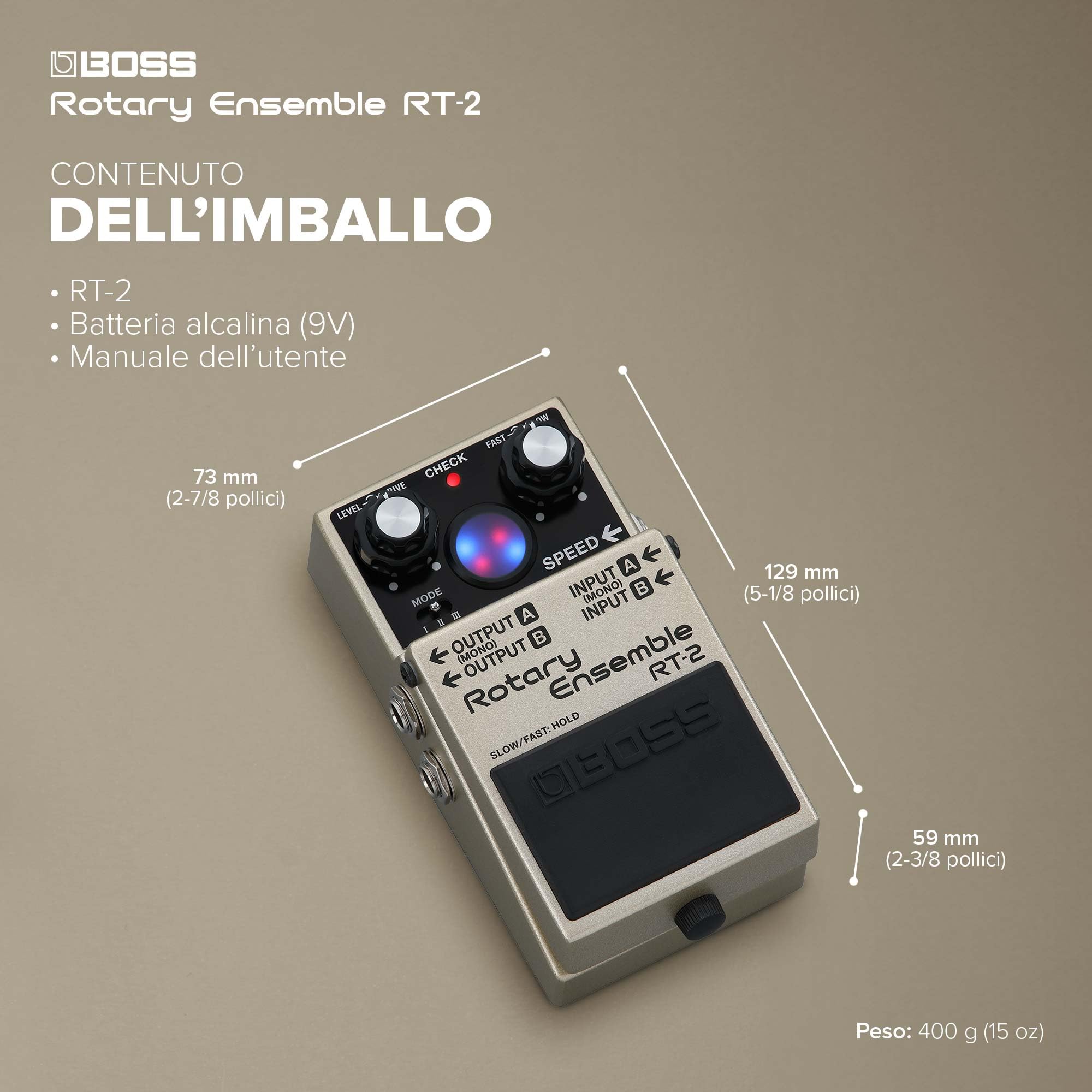 BOSS RT-2 | Pedale Compatto Rotary Ensemble | I veri suoni di altoparlante rotante | Dedicato alla chitarra e alle tastiere | 3 modalità versatili | Vari effetti di modulazione in uno