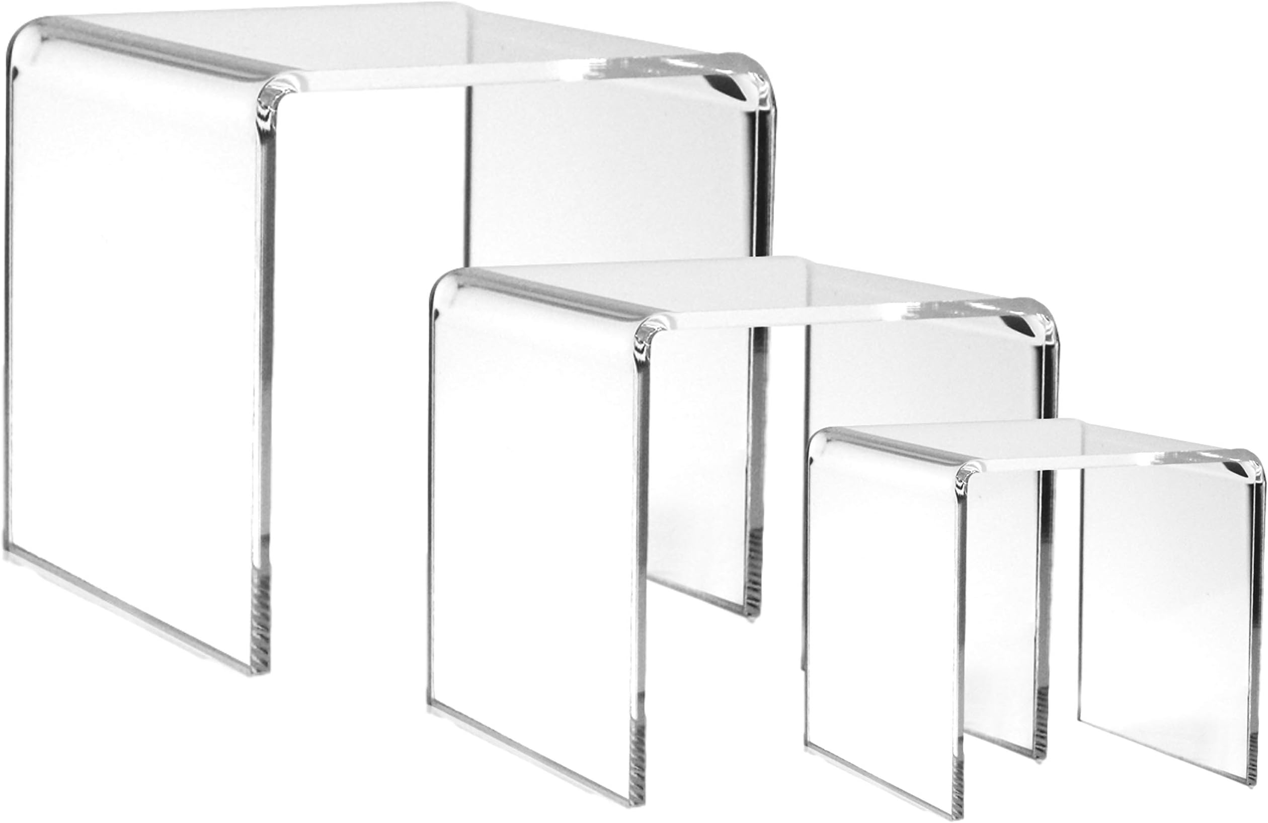 BANBERRY DESIGNS Clear Acrylic Risers - Set of 3 Assorted Sizes - Jewelry Display Shelf Fixtures Tabletop Stands - Transparent Retail Pedestals
