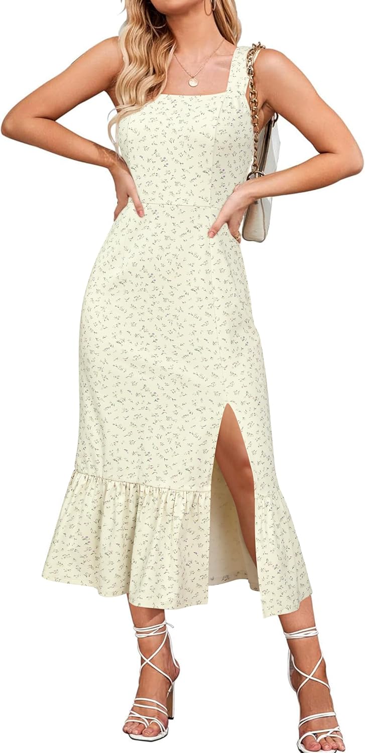 Newshows Womens 2025 Summer Beach Floral Midi Dress Spring Vacation Outfits Square Neck Ruffle Split Sundress