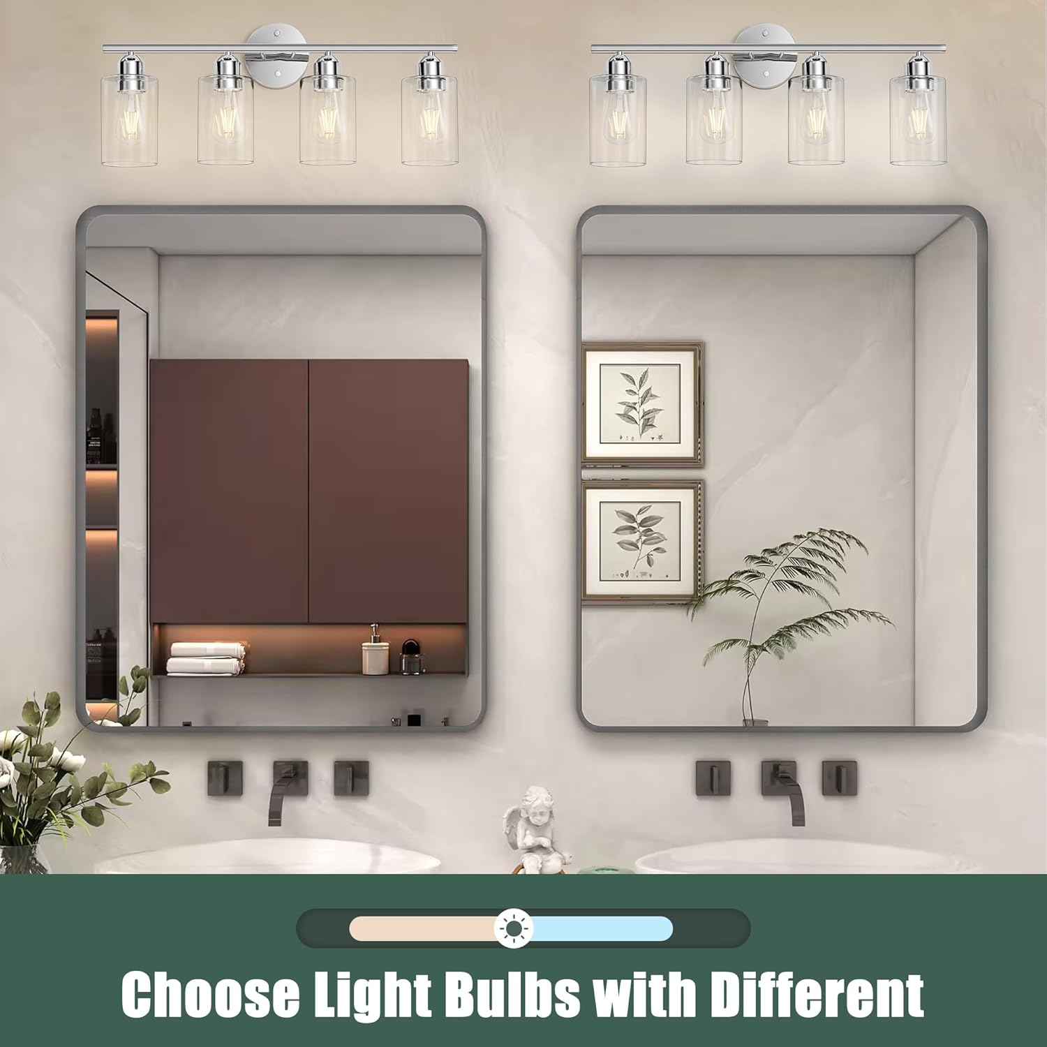 Espird Bathroom Vanity Light Fixtures Polished Chrome,4 Lights Rustic Farmhouse Vanity Bar Lighting Over Mirror Modern Industrial Wall Sconces Lamp with Cylinder Glass Shade