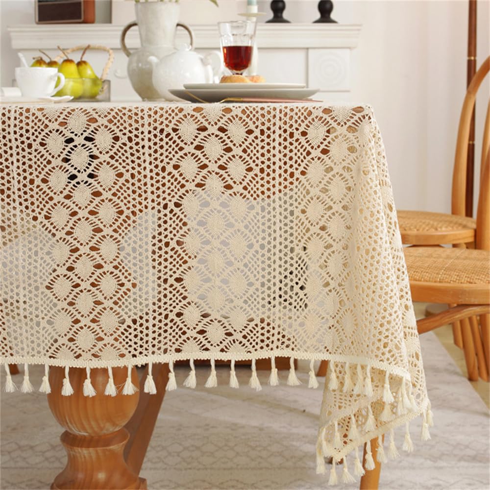 Rechteckige Häkeldeckchen, Spitze, Beige, Vintage-Baumwoll-Tischdecken, Tischdecke, Tischdekoration, Hochzeit, Zuhause, Party, Dekoration, 140 x 250 cm