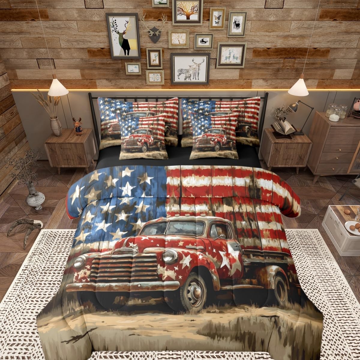 Manfei Retro-LKW-Bettwäsche-Set, King-Size-Größe, 7-teilig, Motiv: amerikanische Flagge, für Kinder, Mädchen, Bauernhaus-Auto, weiches Bett in einer Tasche mit Bettdecke, Laken, Kissenbezügen