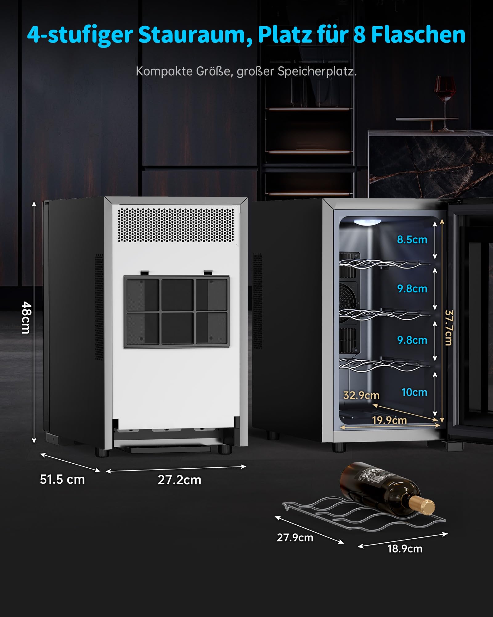 WIE Weinkühlschrank 8 Flasche Getränkekühlschrank 23L Weinschrank Klein 5-18°C Wein-Kühlschrank mit Glastür Vollglas-Designtür LED Touchpanel Anti-UV Mini Wine Fridge