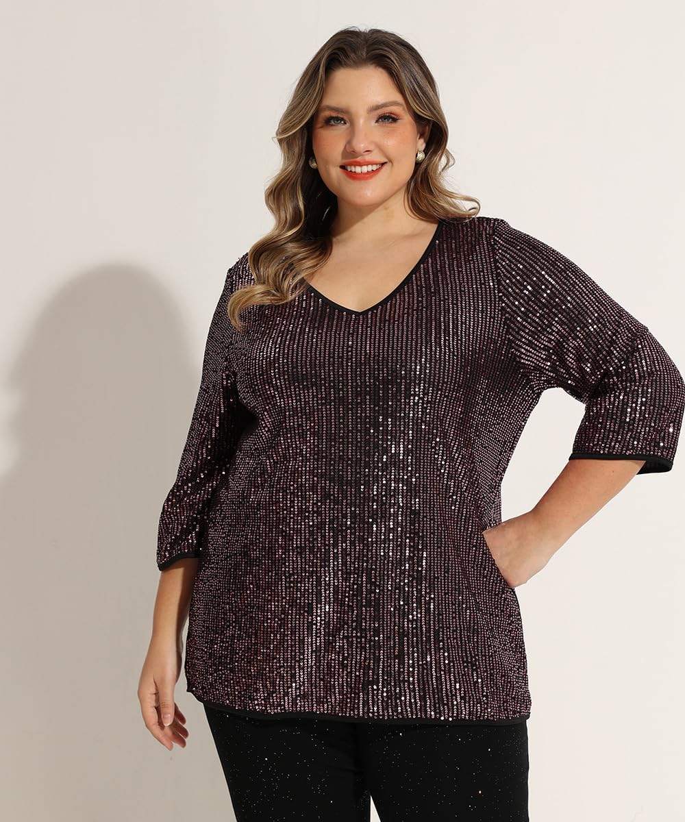 RITERA Plus Size Glitter Tops for Women 3/4 Sleeve Shirts Evening Cocktail V Neck Sequin Blouse Tunic Weddings XL-5XL - Image 3
