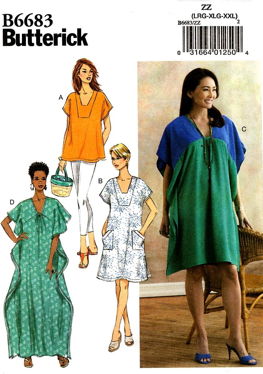 BUTTERICK B6683ZZ Easy Women's Caftan and Tunic Sewing Patterns, Sizes 16-26
