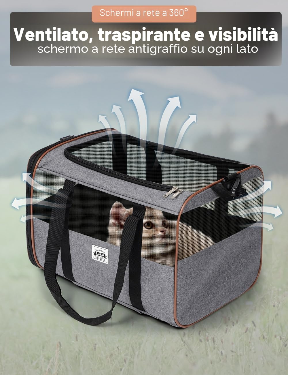 Trasportino per cani e gatti, con ruote, per il trasporto, per auto, con manico telescopico e tracolla, grigio