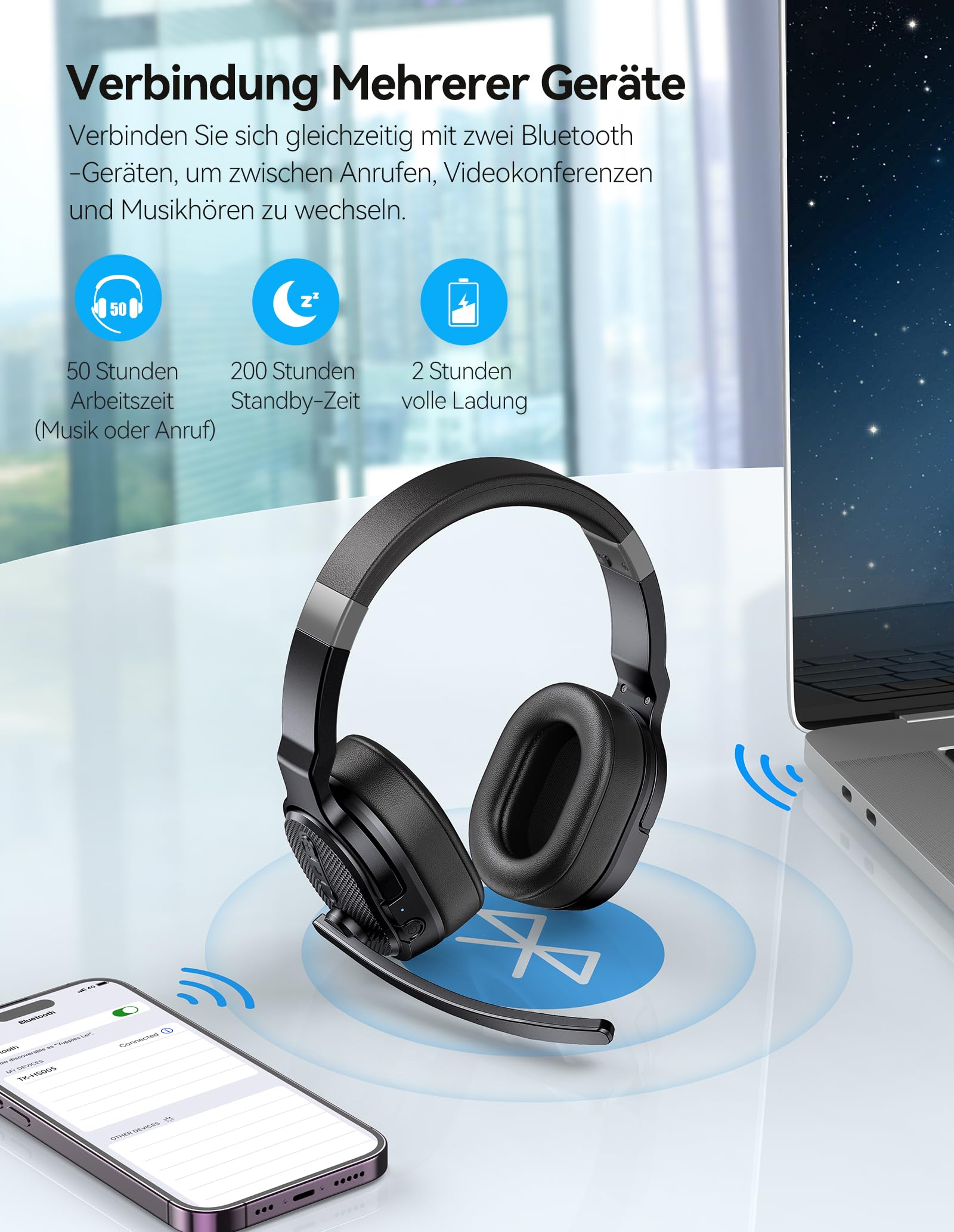 TECKNET Bluetooth Headset mit Mikrofon, Single und Dual Noise Cancelling Headset Kabellos mit USB Dongle, 3 EQ Musikmodi, Over Ear Kopfhörer Kabellos Bluetooth für Office, Home, Zoom