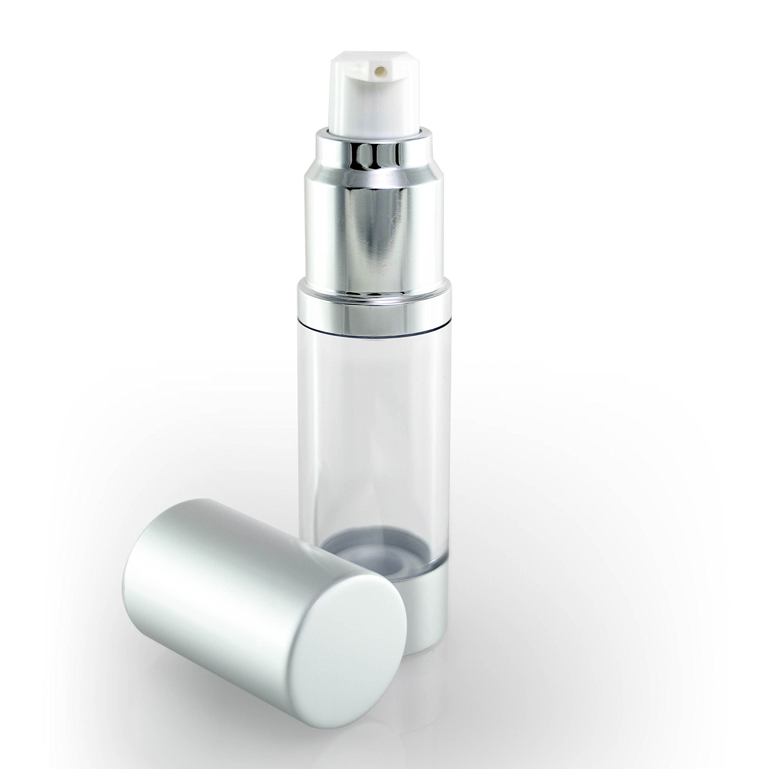Cosmetic Packaging Now! Luxe Airless Bottle, 15 ML, Matte Silver w/Clear Bottle