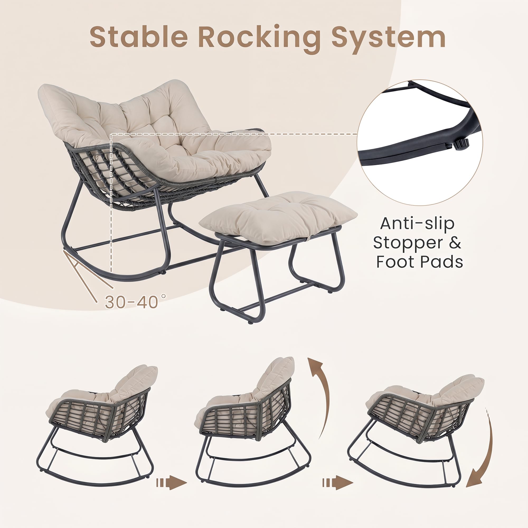 GIANTEX Sedia a Dondolo con Poggiapiedi, Poltrona a Dondolo Ergonomico, Cuscino Morbido e Rimovibile, Sedia a Forma di Uovo con Struttura in Metallo, per Esterno e Interno, Portata 150 kg (Beige)