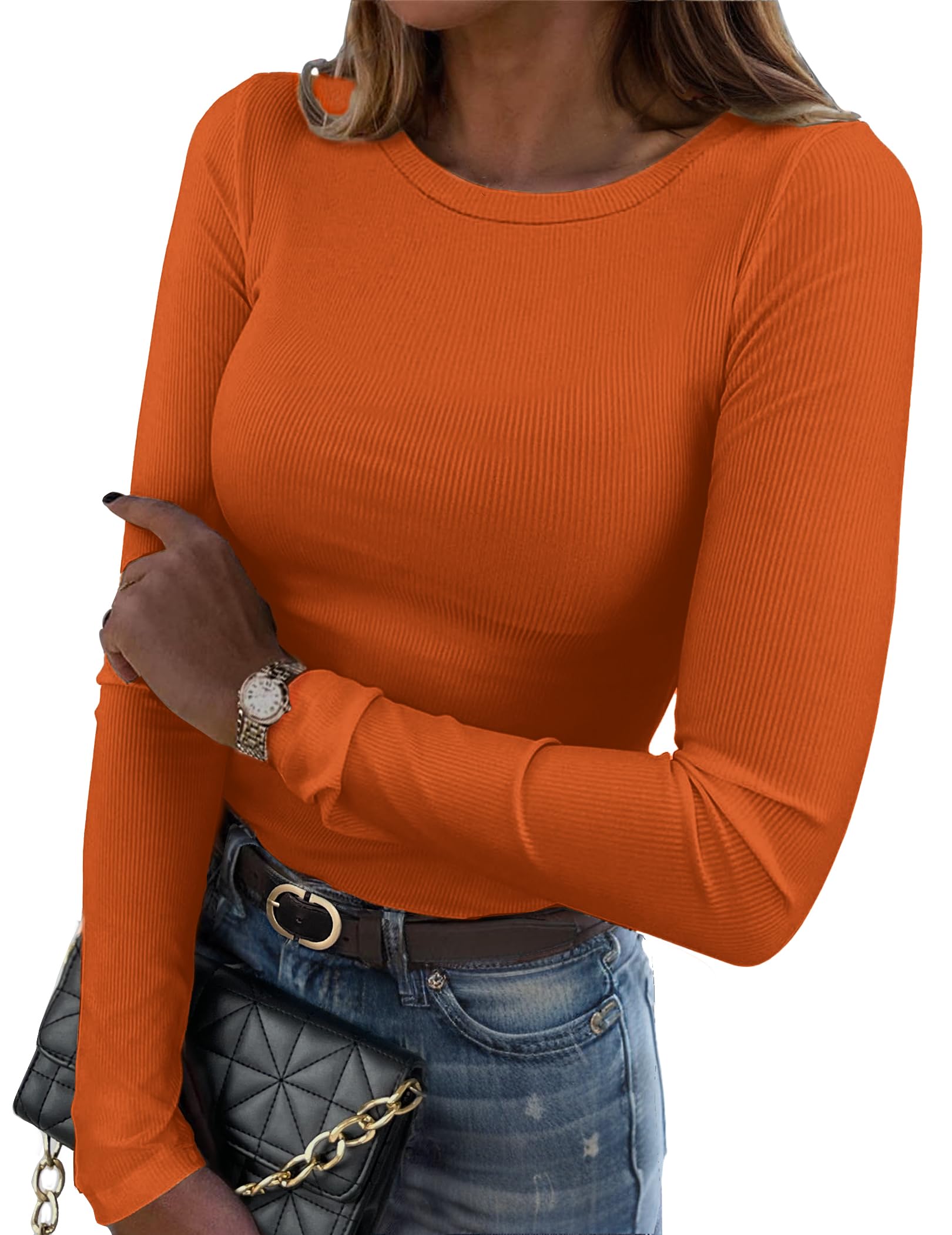 Zeagoo Shirt met lange mouwen voor dames, slim fit, basic T-shirts met ronde hals, stretch, trui, elegant, geribbeld, bovenstuk, casual, effen, tops XS-XXL, karamel, XL