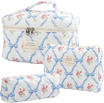 Large Quilted Makeup Bag for Women and Girls, Cute Coquette Floral Cotton Cosmetic Bag, Aesthetic Travel Organized Toiletry Bags 02-blue bows