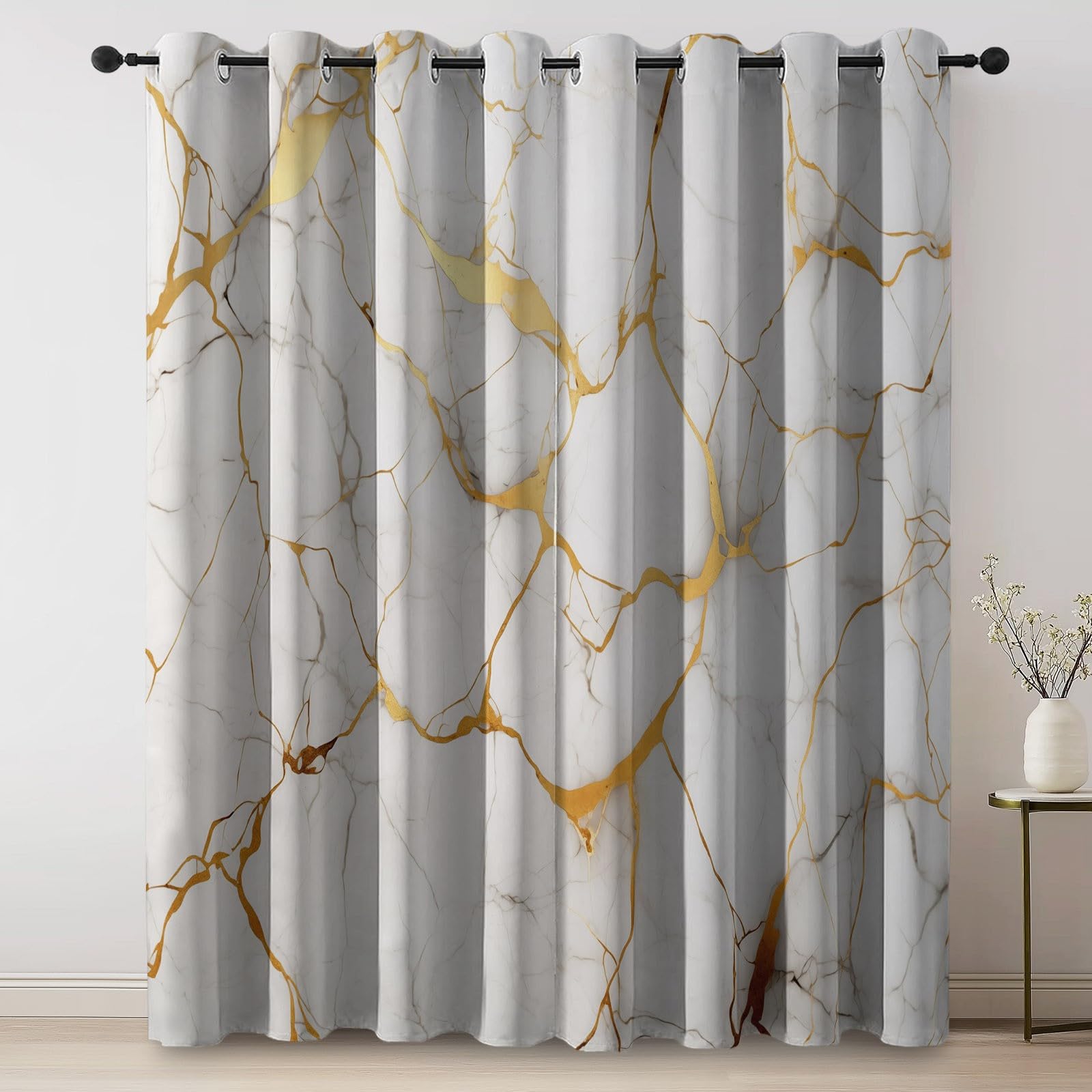 100% Rideau Occultant Blanc Rideaux Occultant Thermiques à Oeillets, Rideau Opaque imprimés Moderne Géométrique Marbre Decoration pour Chambre Salon, 140L X 200H cm (2 Panneaux)