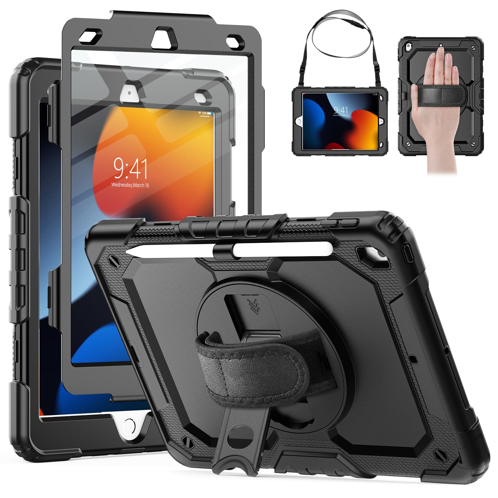 HXCASEAC Case for iPad 9th/8th/7th Generation 10.2 inch, with Pencil Holder, Screen Protector, Hand Strap, Heavy Duty Protective for iPad 9/8/7 Case